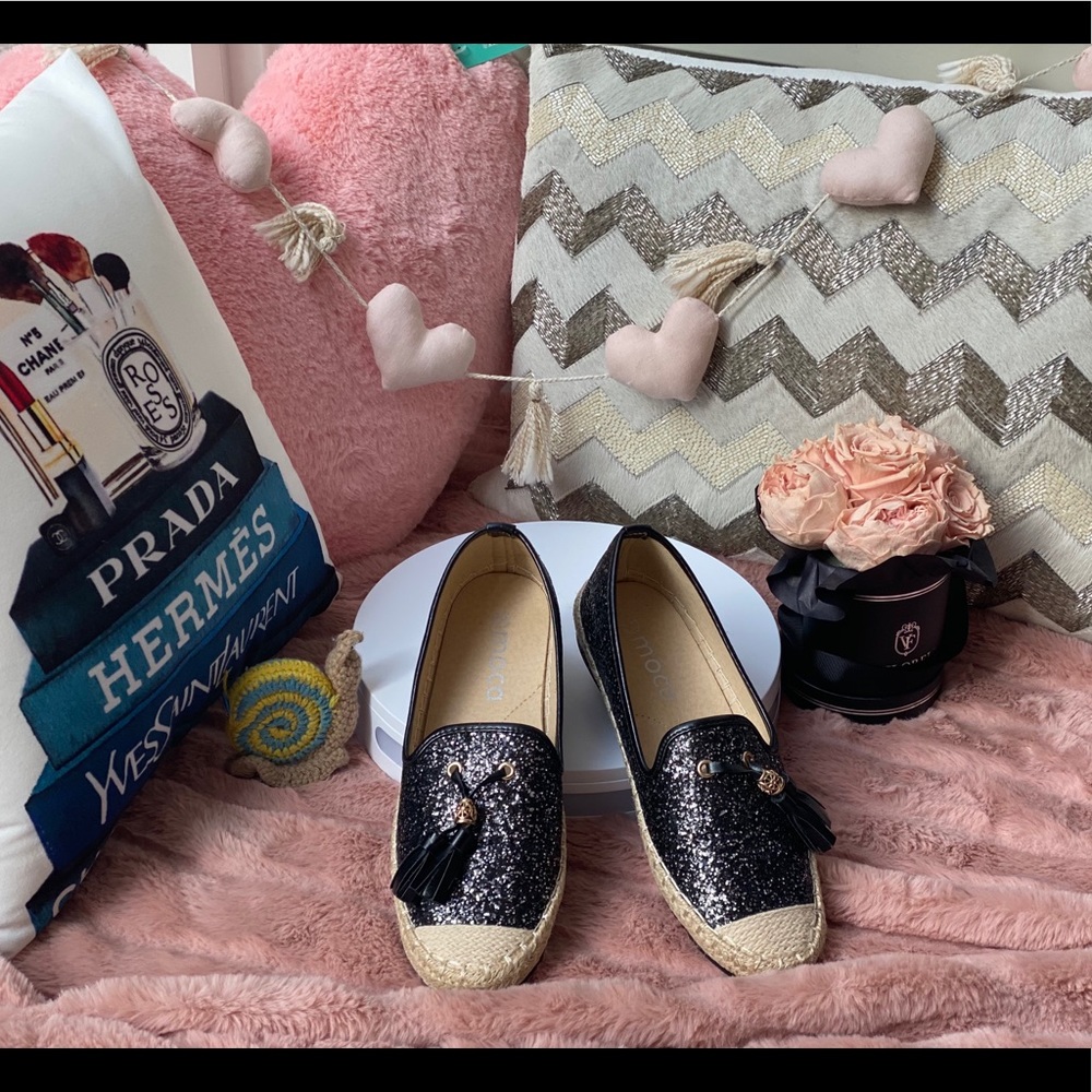 Black Glitter espadrille flats